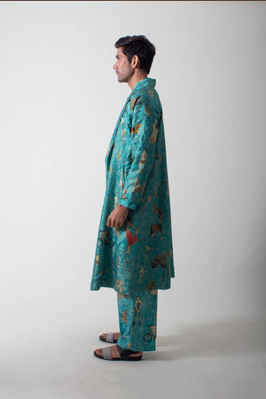 Long Coat Silk Damask Turquoise