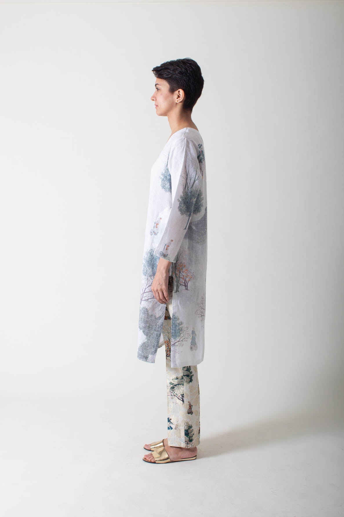V Neck Kurta Linen White