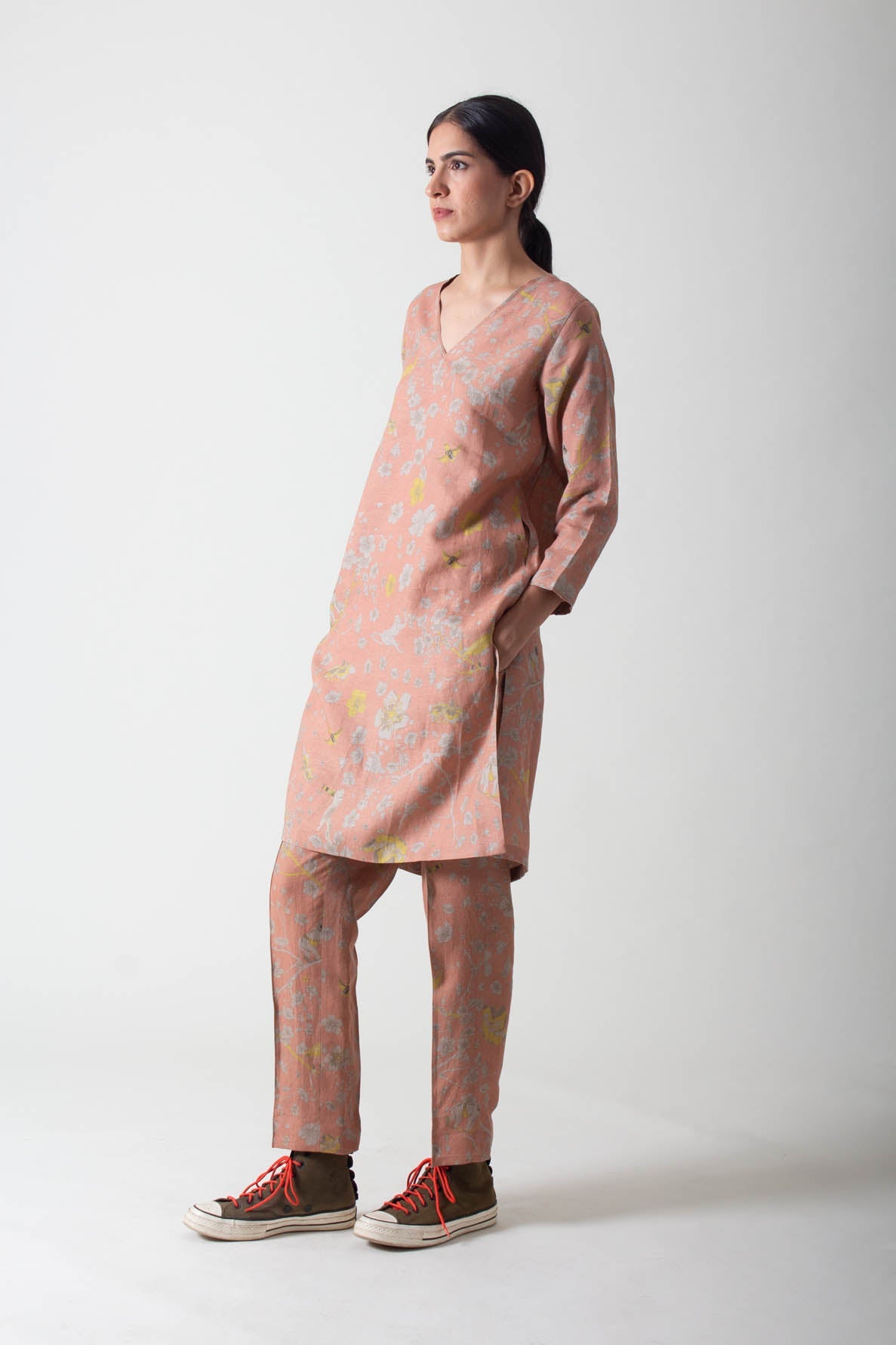 V Neck Kurta Linen Salmon