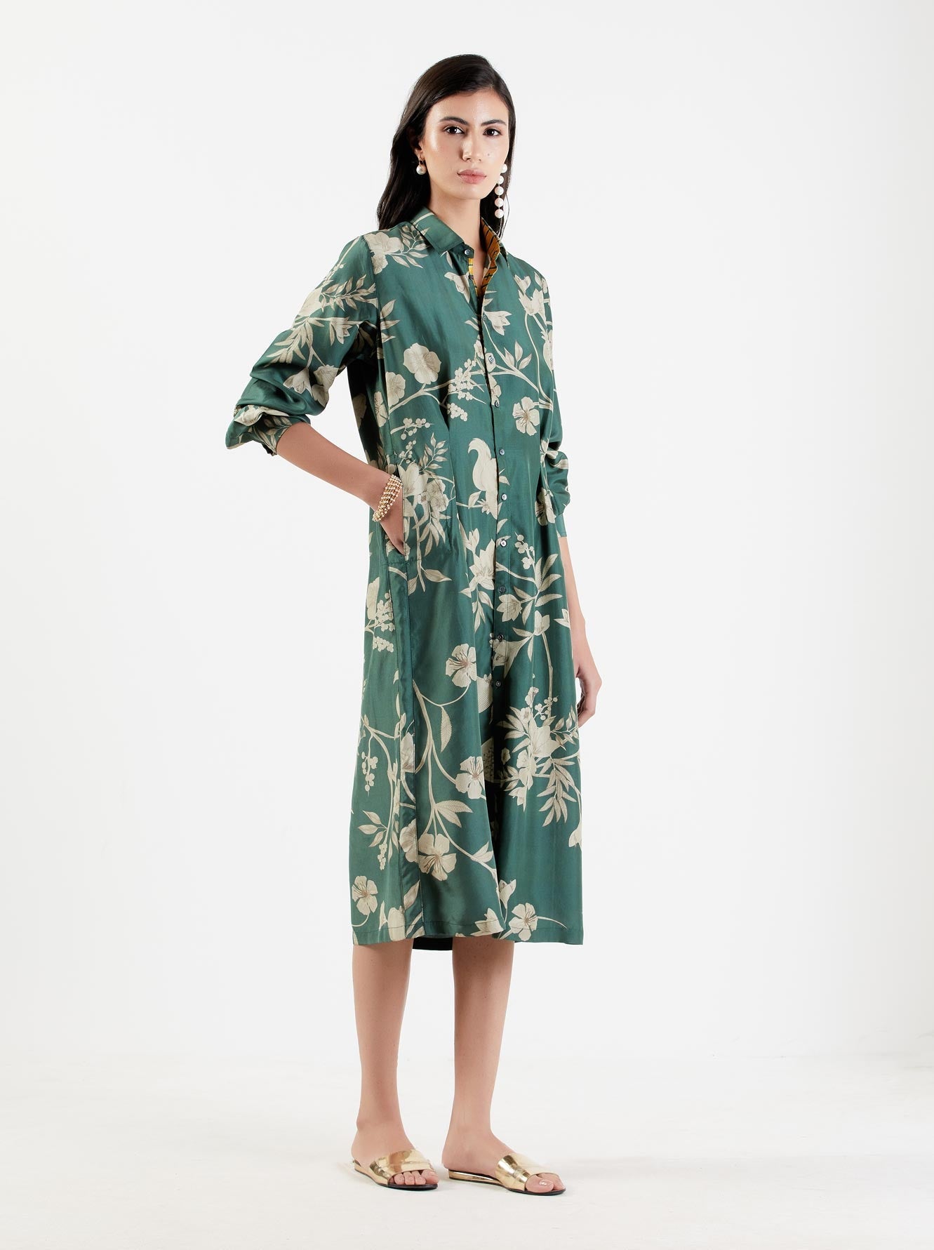 Pleated Dress Silk Twill Forest