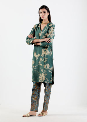 V Neck Kurta Muga Satin Forest