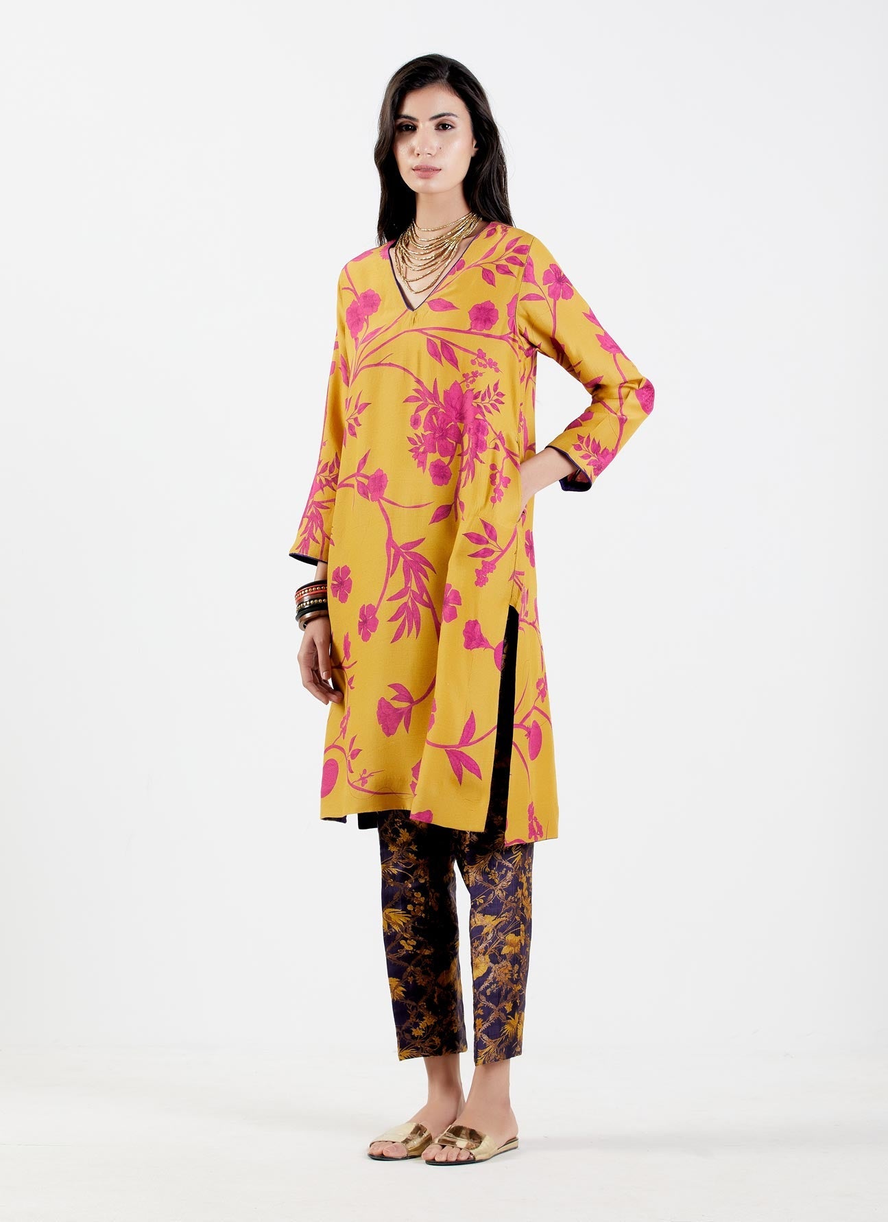 V Neck Kurta Muga Satin Sorbet