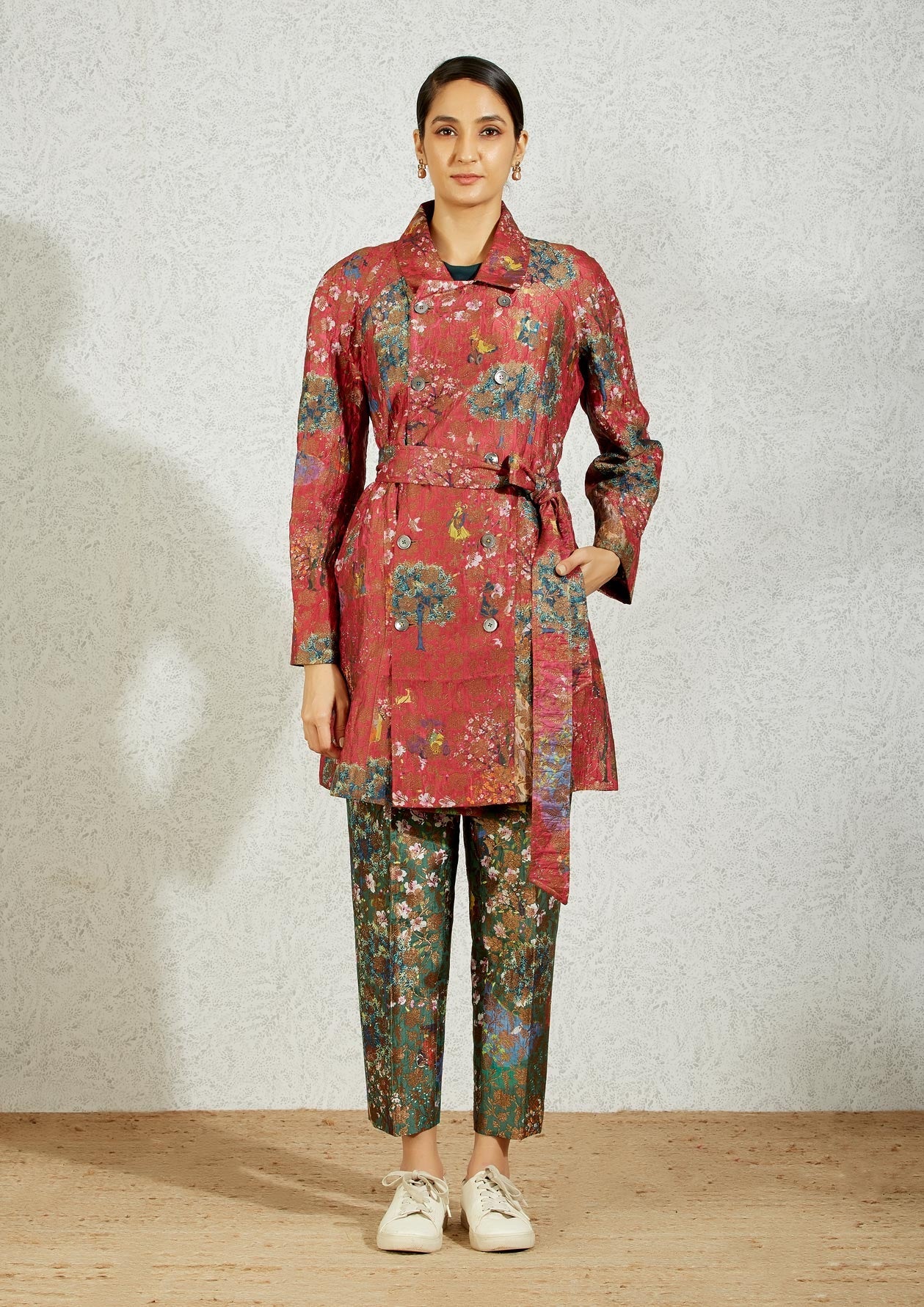 Royal Within Trench Coat Fuchsia Silk Brocade