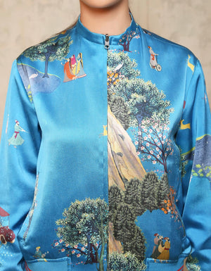 Janbaaz Bomber Jacket Satin Silk Turquoise