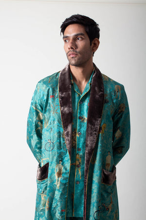 Libaas Robe Silk Damask Turquoise
