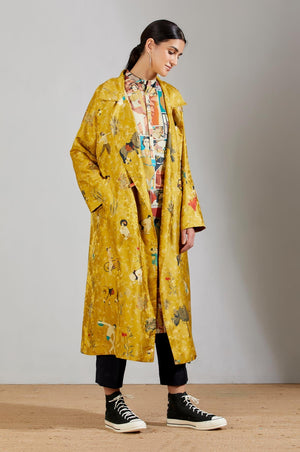 Long Coat Silk Damask Mustard