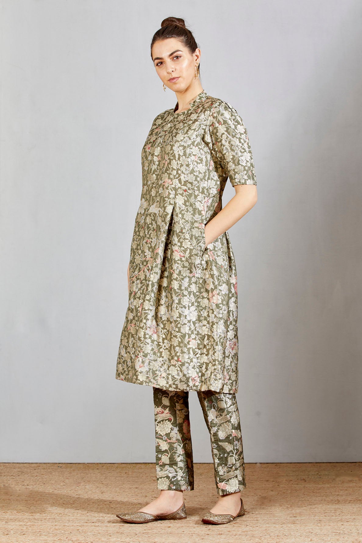 Sd Box Pleat Dress, Silk Brocade, Grey Forest Blossom