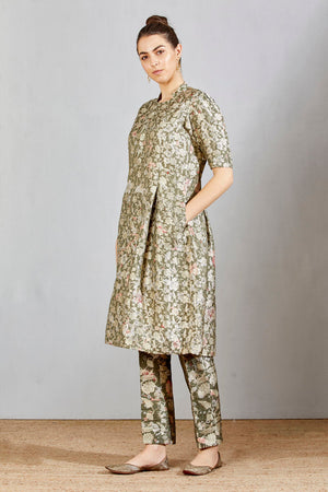 Sd Box Pleat Dress, Silk Brocade, Grey Forest Blossom