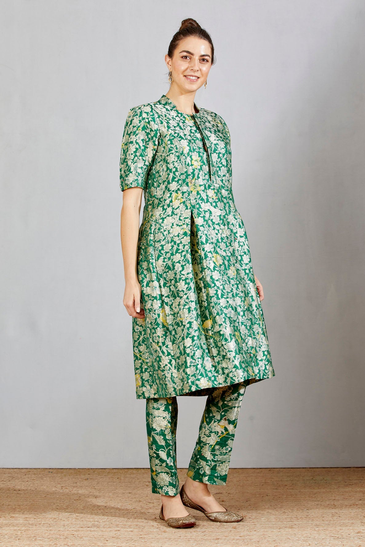 Sd Box Pleat Dress, Silk Brocade, Green Forest Blossom