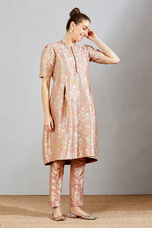 Box Pleat Dress Silk Brocade Salmon