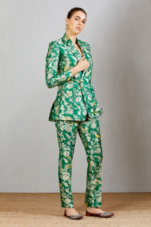 Boot Cut Trouser Silk Brocade Green