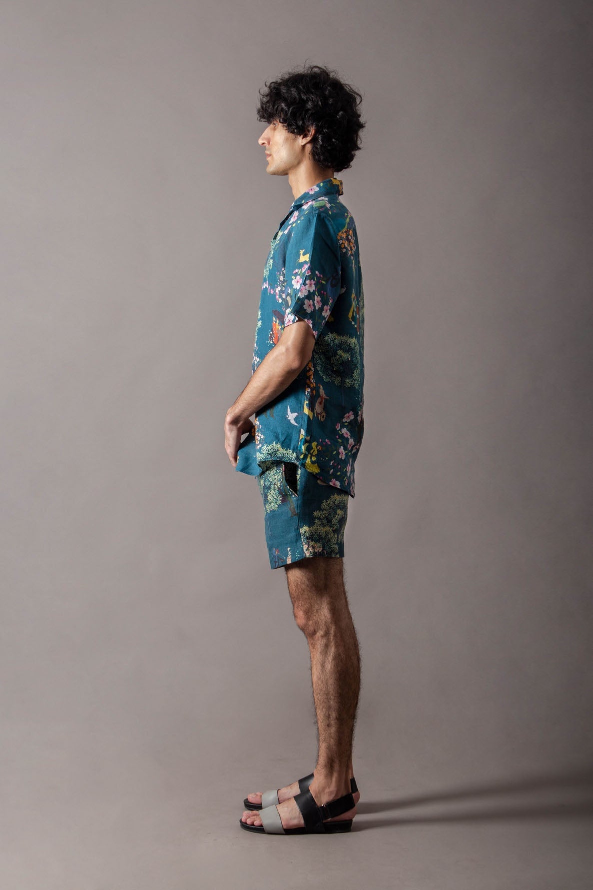 Teal Cherry Blossom Short Shorts In Linen