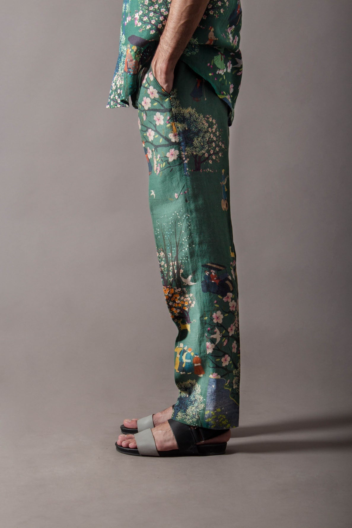 Green Cherry Blossom Classic Trouser In Linen
