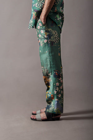 Green Cherry Blossom Classic Trouser In Linen