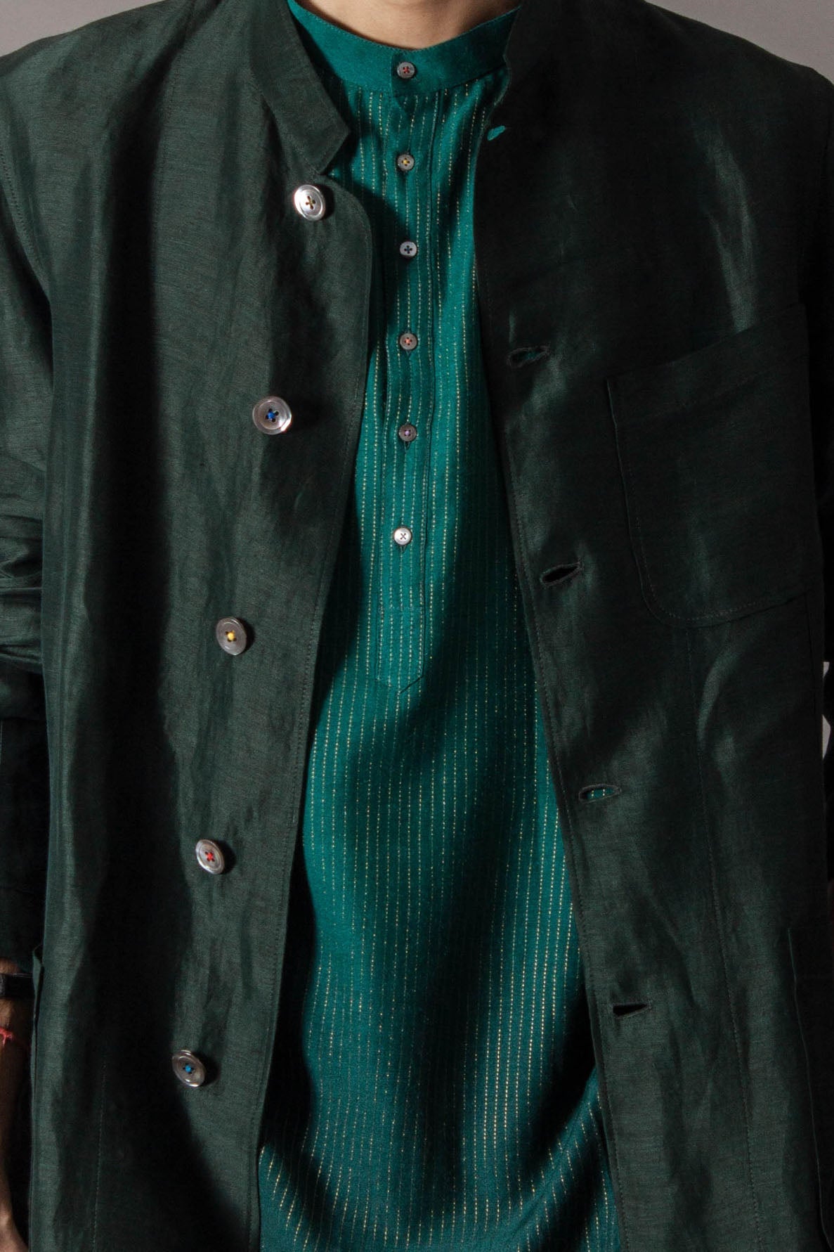 Bandhgala Satin Linen Deep Forest