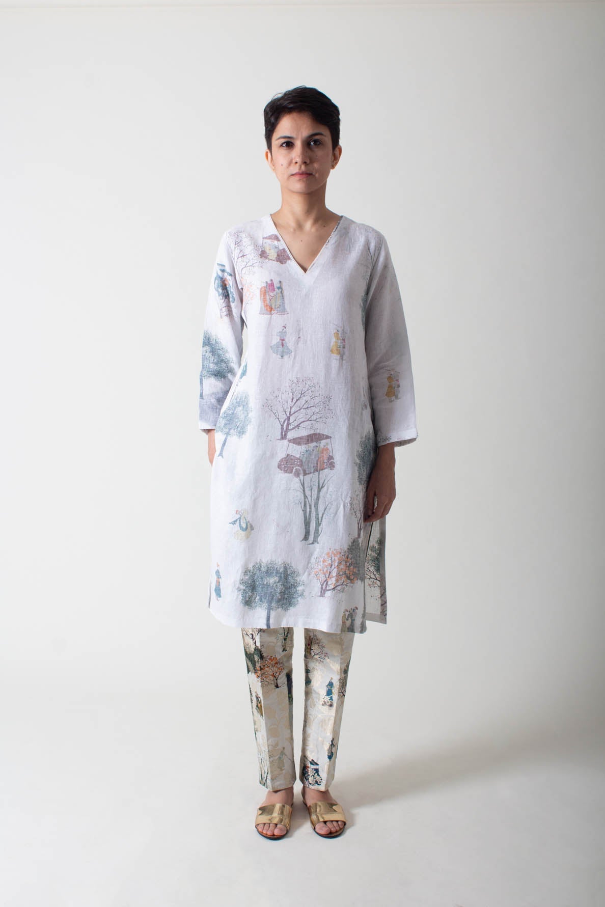 V Neck Kurta Linen White