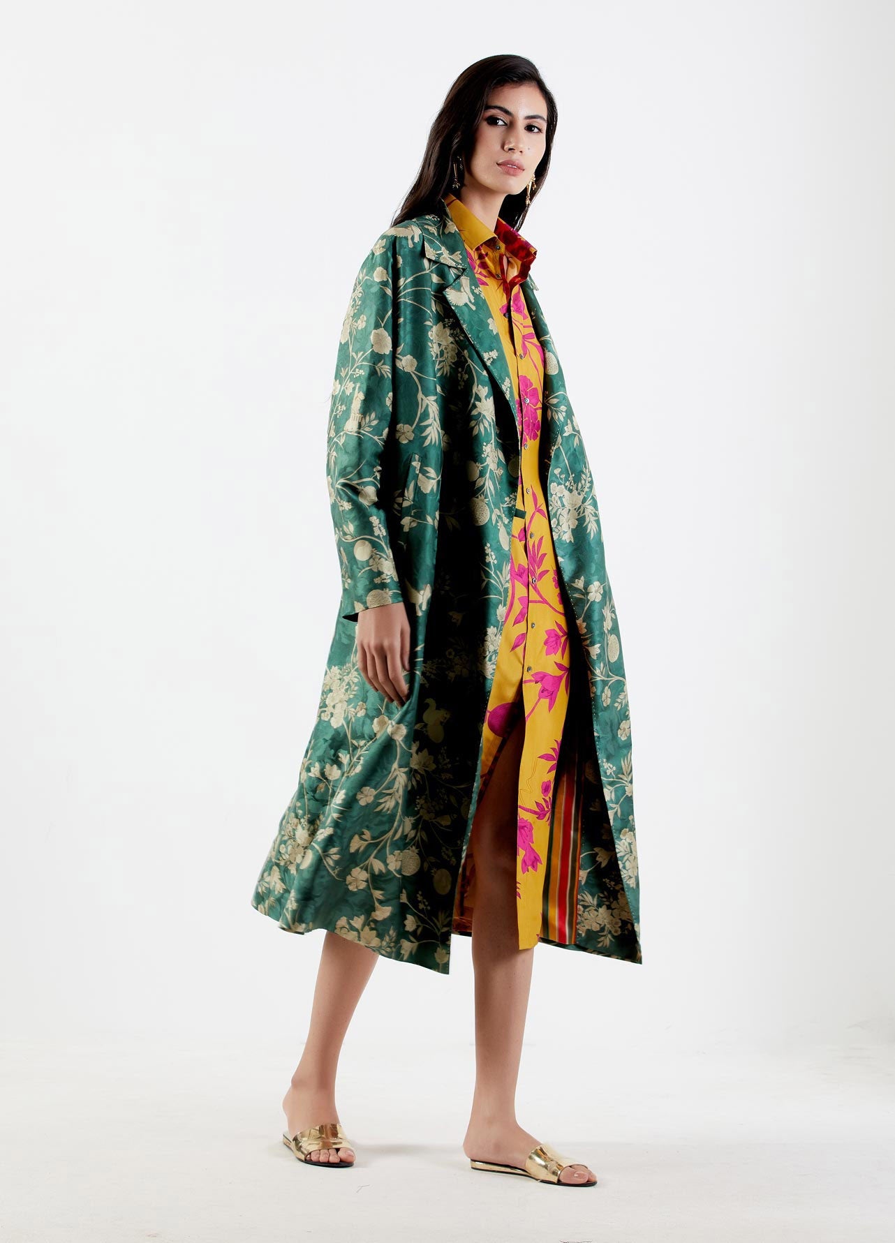Long Coat Silk Damask Forest