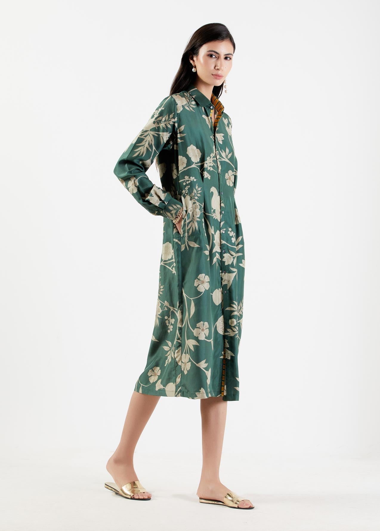 Pleated Dress Silk Twill Forest