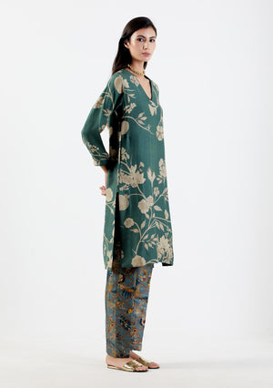 V Neck Kurta Muga Satin Forest