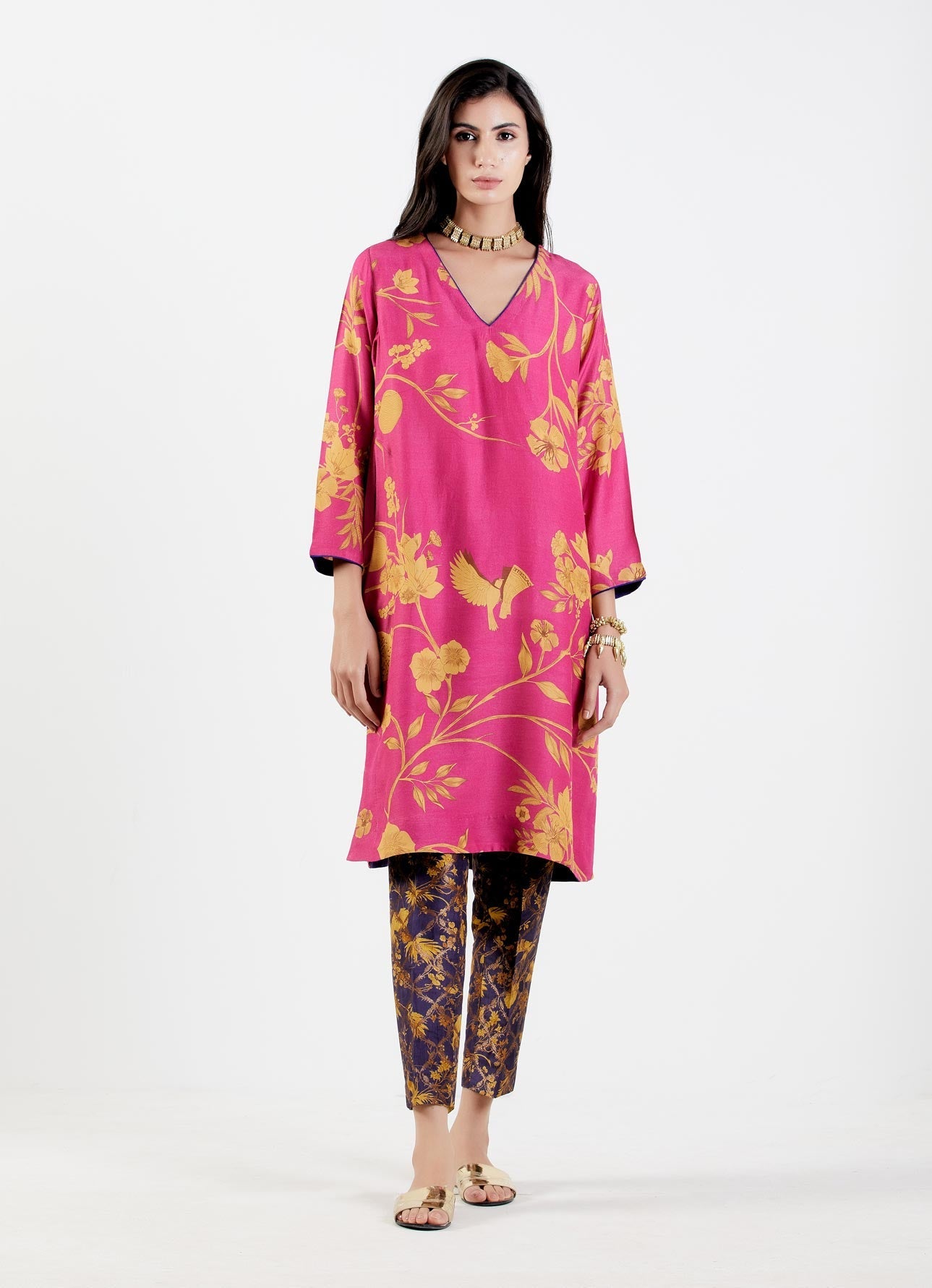 V Neck Kurta Muga Satin Rani