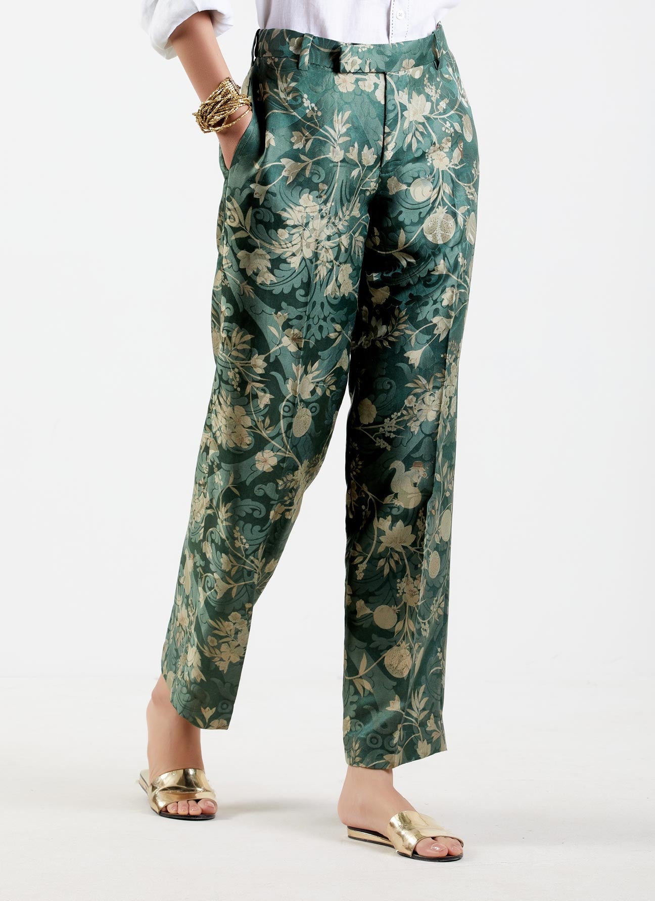 Straight Fit Trouser Silk Damask Forest