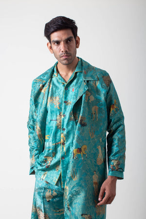 Long Coat Silk Damask Turquoise