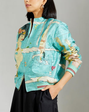 Janbaaz Bomber Jacket Silk Damask Turquoise