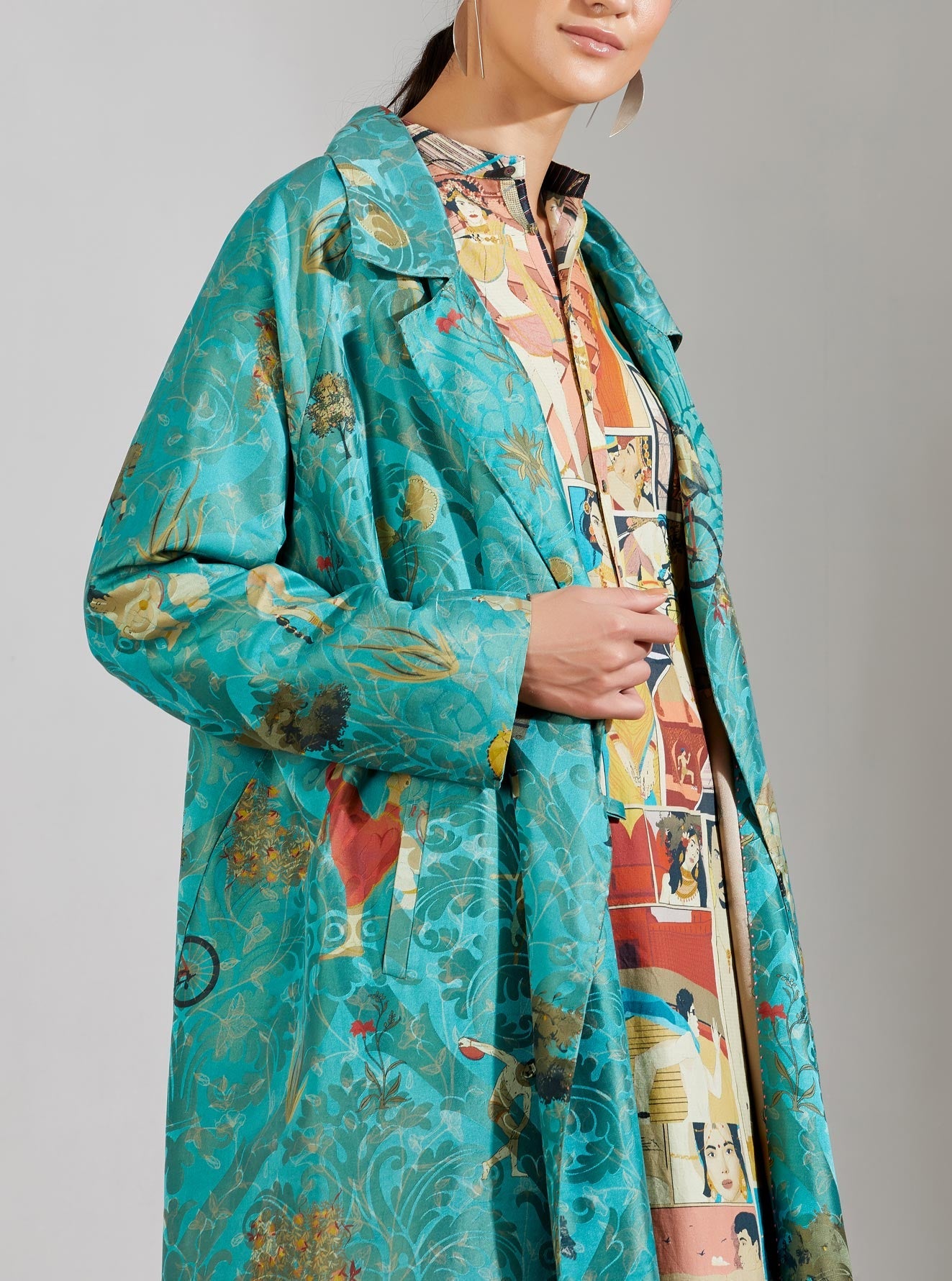 Long Coat Silk Damask Turquoise