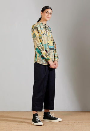 Classic Shirt Muga Satin Turquoise Comic