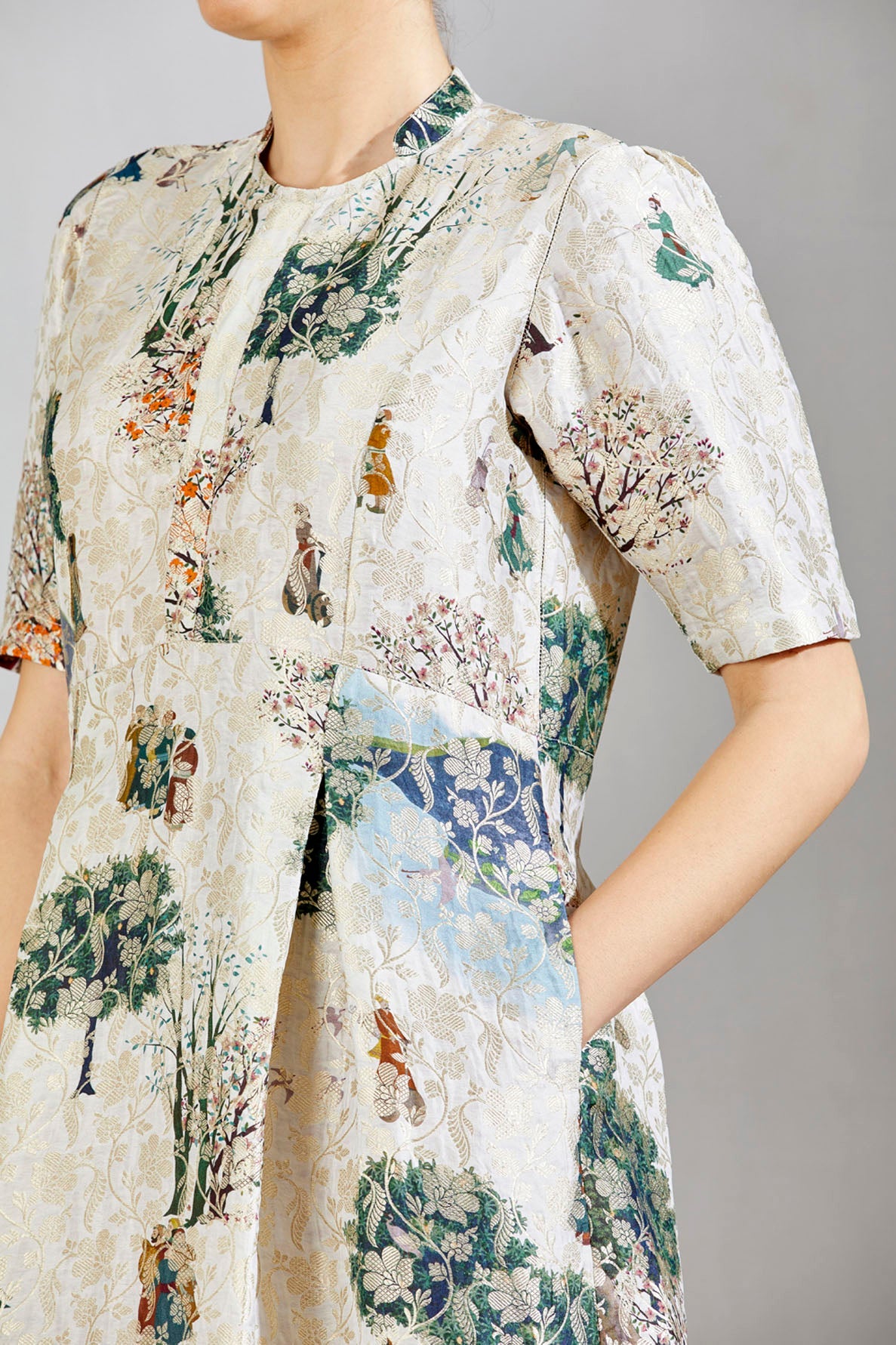 Sd Box Pleat Dress, Silk Brocade, White Golfer