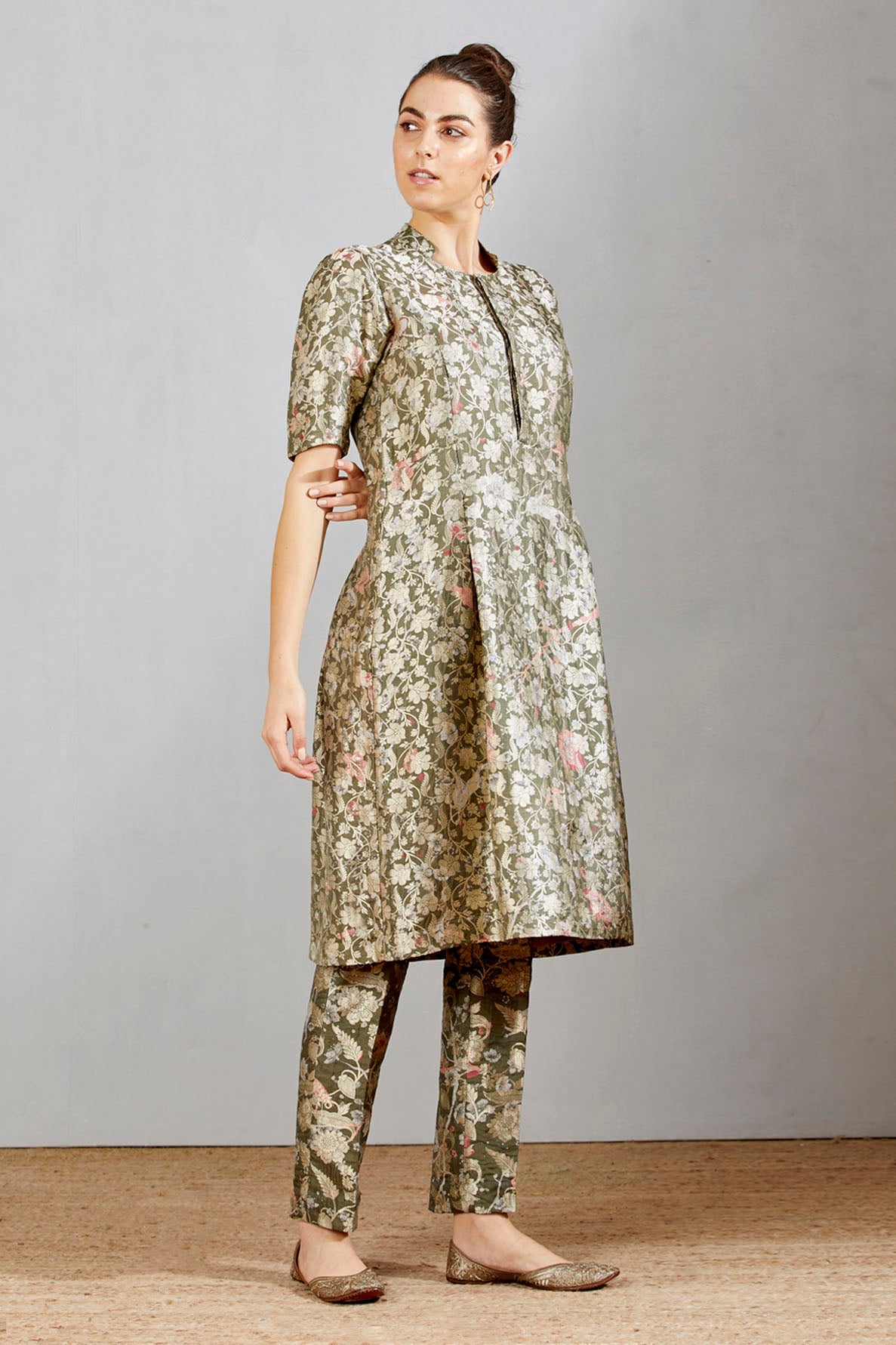 Sd Box Pleat Dress, Silk Brocade, Grey Forest Blossom