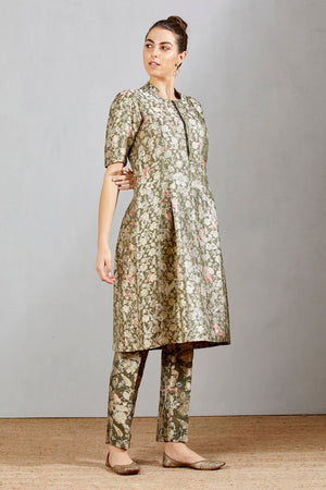 Sd Box Pleat Dress, Silk Brocade, Grey Forest Blossom