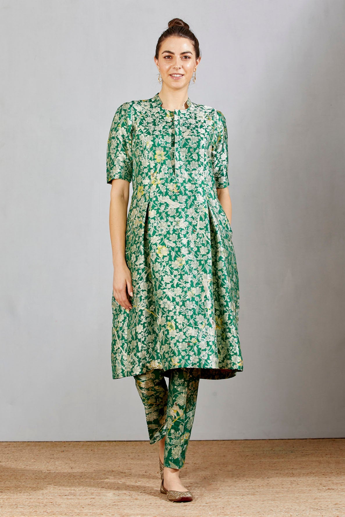 Sd Box Pleat Dress, Silk Brocade, Green Forest Blossom