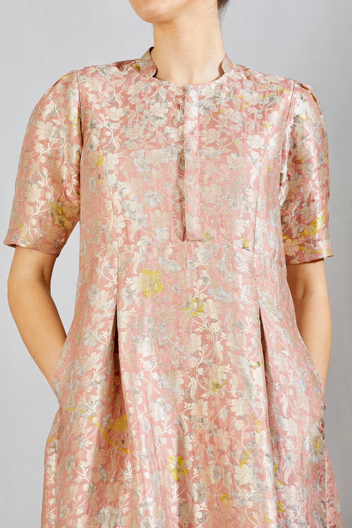 Box Pleat Dress Silk Brocade Salmon