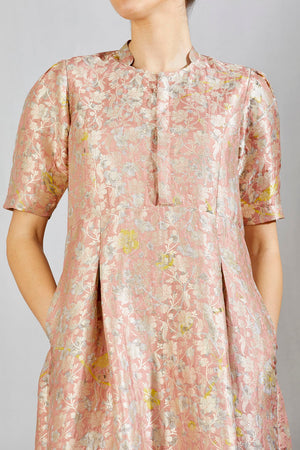 Box Pleat Dress Silk Brocade Salmon
