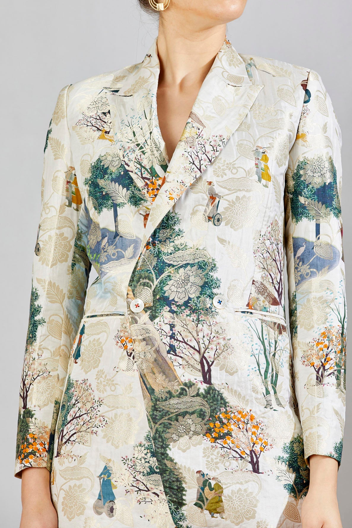 Double Breasted Blazer Silk Brocade White