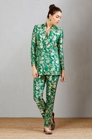 Boot Cut Trouser Silk Brocade Green