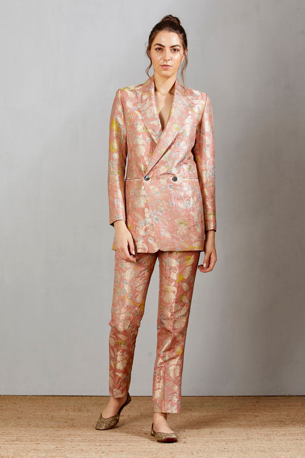 Salmon Forest Blossom Boot Cut Trouser Silk Brocade