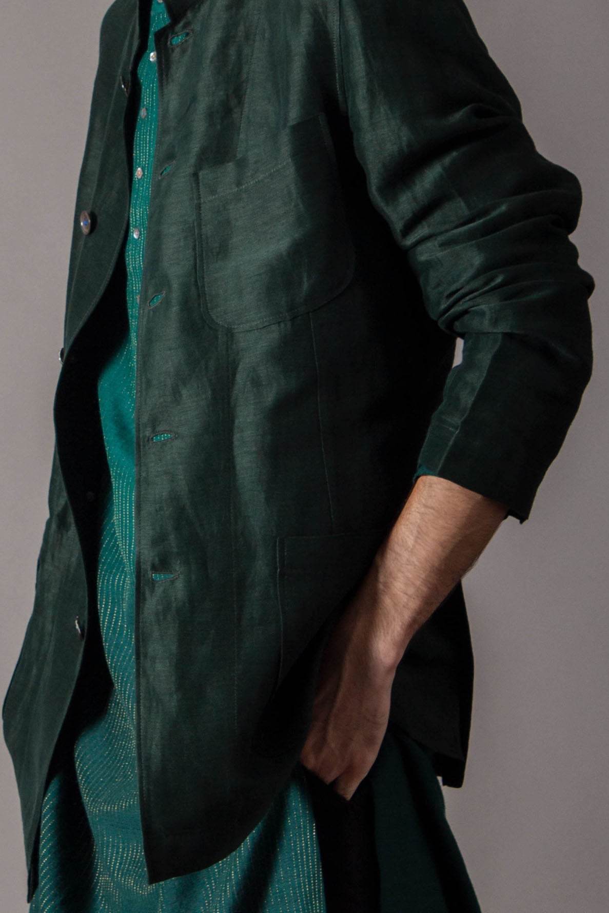 Bandhgala Satin Linen Deep Forest