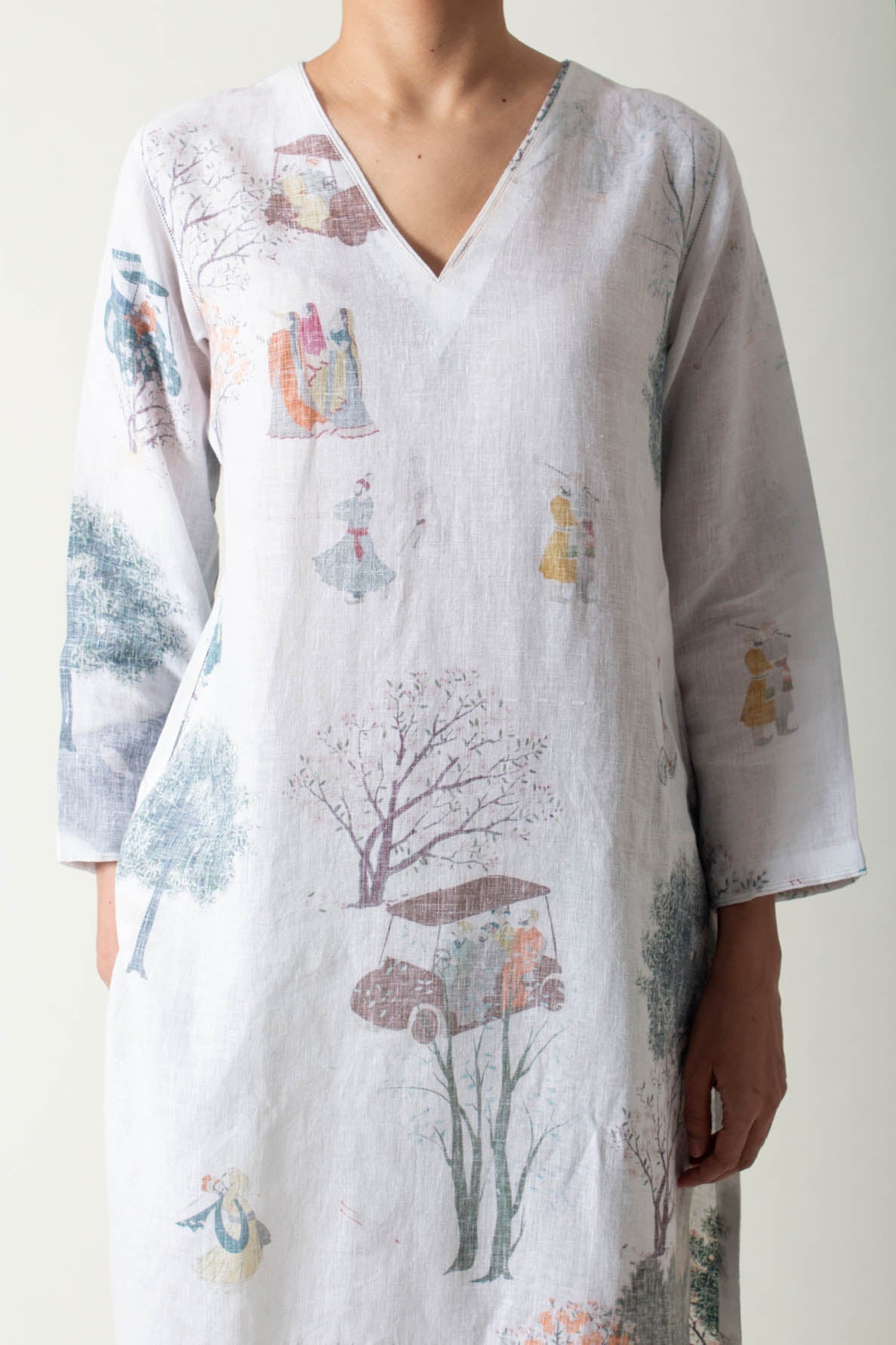 V Neck Kurta Linen White