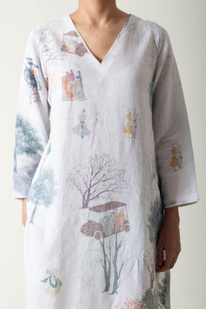 V Neck Kurta Linen White