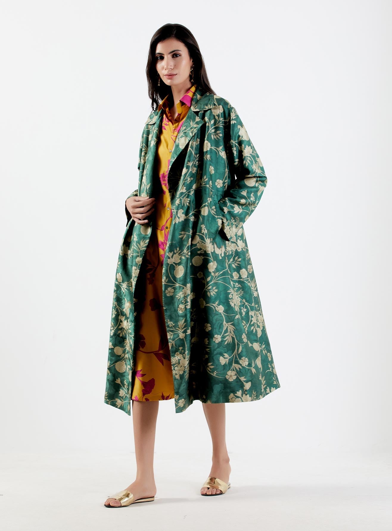 Long Coat Silk Damask Forest