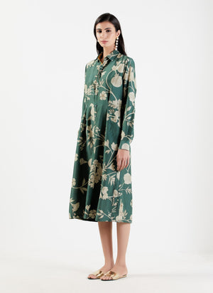 Pleated Dress Silk Twill Forest