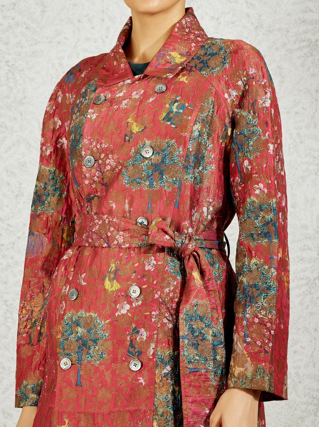 Royal Within Trench Coat Fuchsia Silk Brocade
