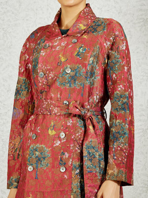 Royal Within Trench Coat Fuchsia Silk Brocade