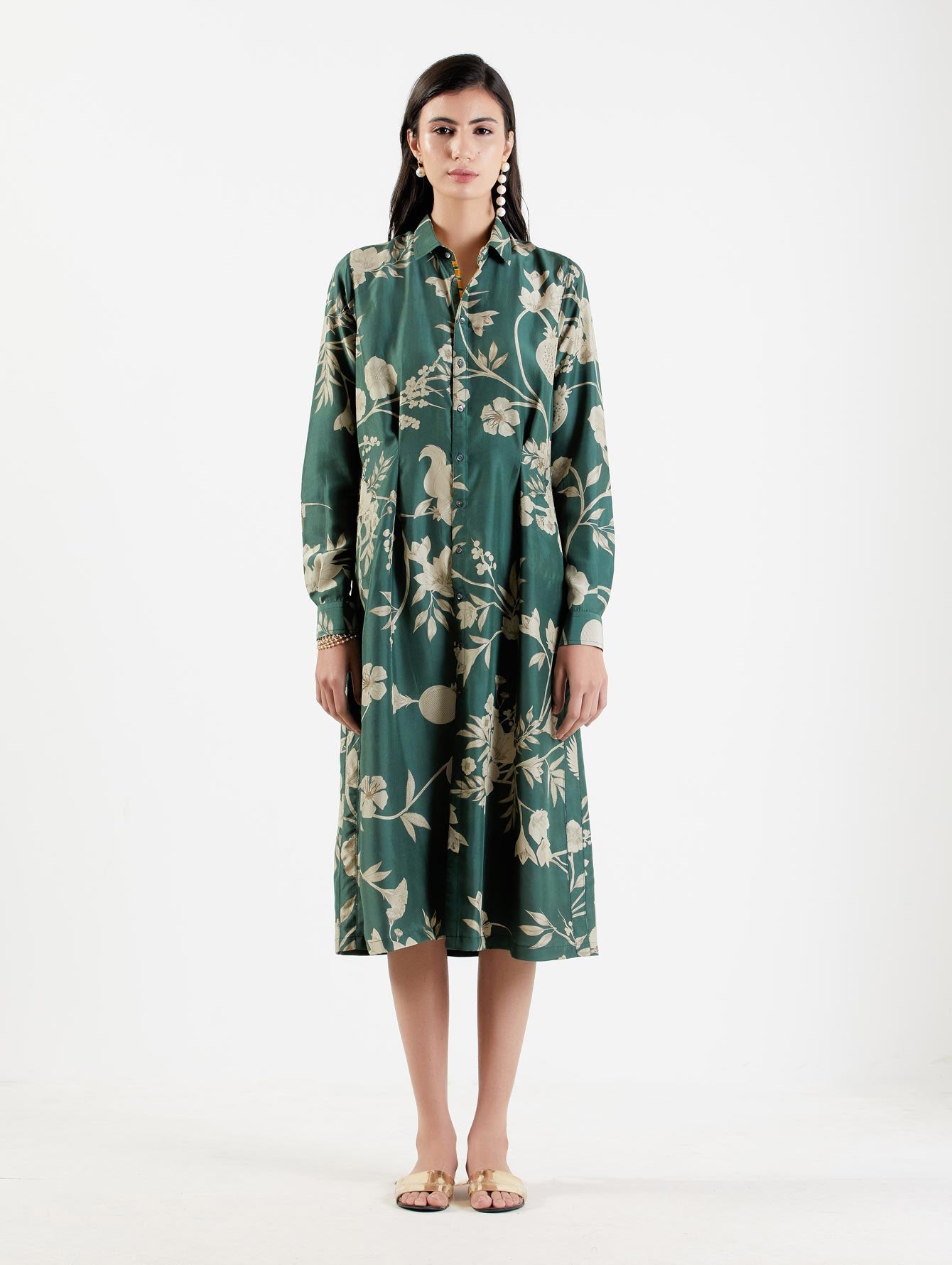 Pleated Dress Silk Twill Forest