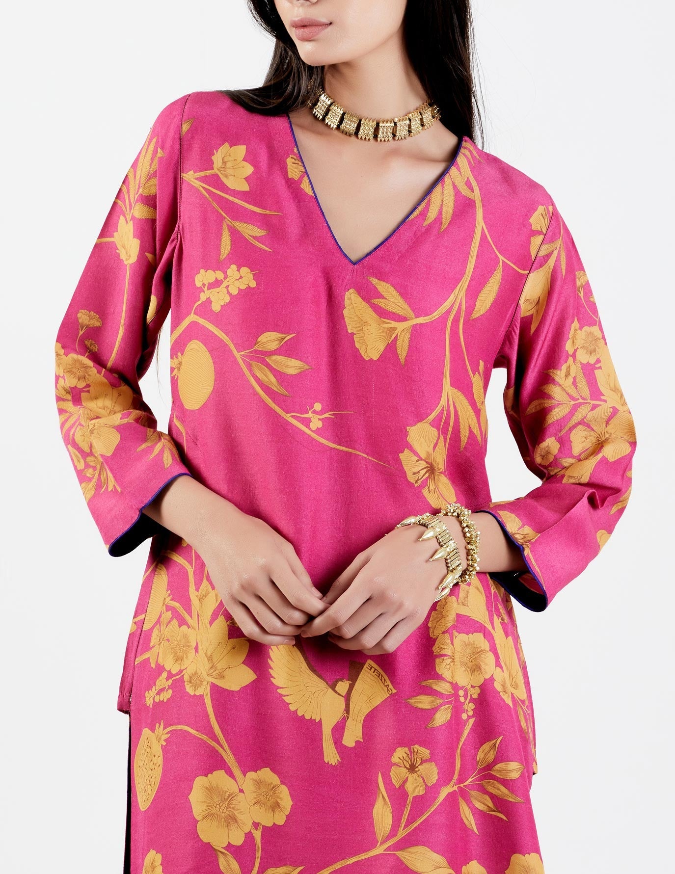 V Neck Kurta Muga Satin Rani