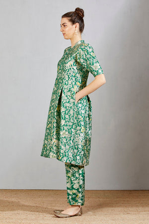 Sd Box Pleat Dress, Silk Brocade, Green Forest Blossom