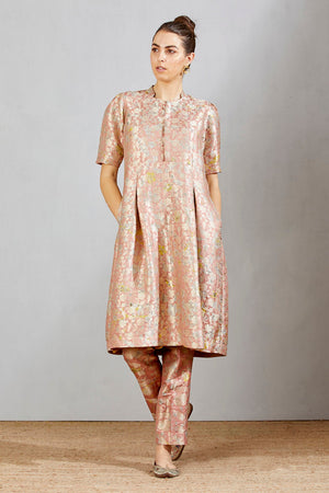 Box Pleat Dress Silk Brocade Salmon