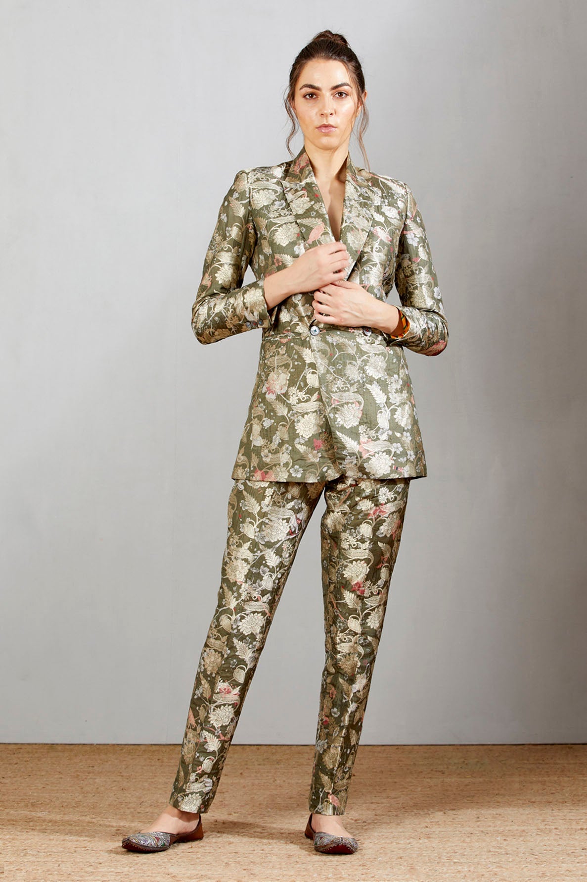 Grey Forest Blossom Boot Cut Trouser Brocade